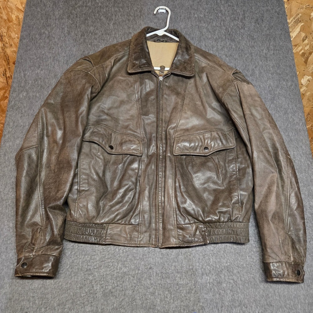 Vintage 90s Peter England Leather Bomber Jacket Mens XL Brown Aviation Mission